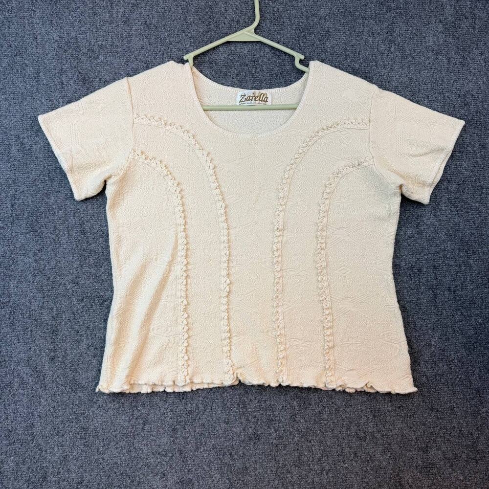 Zarella Beige Textured Cotton Top M Short Sleeve 100% Cotton